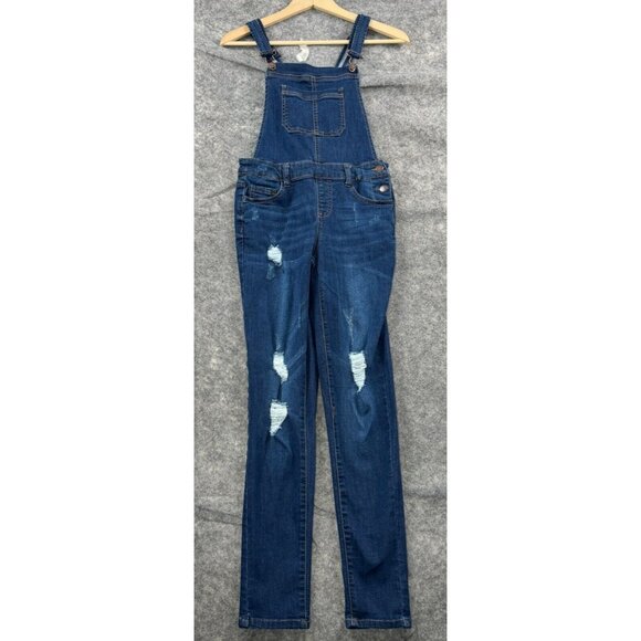 Wax Jean Overalls Womens S Distressed Dark Wash Skinny Stretch Bibs Denim - Picture 1 of 9
